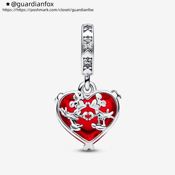Pandora Disney Mickey & Minnie Mouse Kiss Red Murano Glass Dangle Charm - Picture 2 of 5